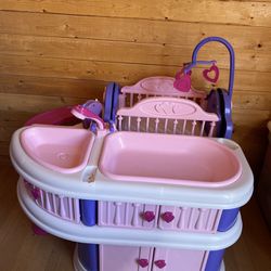 Doll Dressing Table With Sink, Bed, High Chair ,Changing Table And Storage.