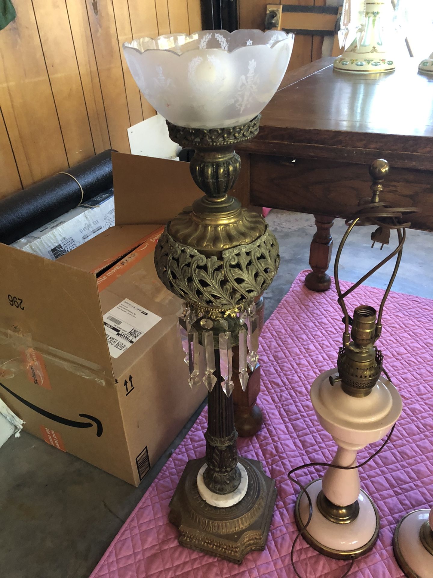 Antique Lamp w/Crystal Prisms