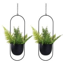 Metal Oval Hanging Planter, Set of 2 Black Planters with 6 inch Flower Pots - New