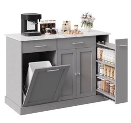 52" Kitchen Island with Storage, Rolling Kitchen Cart Island with Wheels, Tilt Out Kitchen Trash Cabinet 10 Gallon Storage, 3 Large Spice Racks and 2 