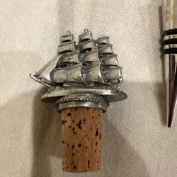 Pewter Cork Bottle Stopper W/ Chain Sailing Ship Nautical Ocean Boat 2”