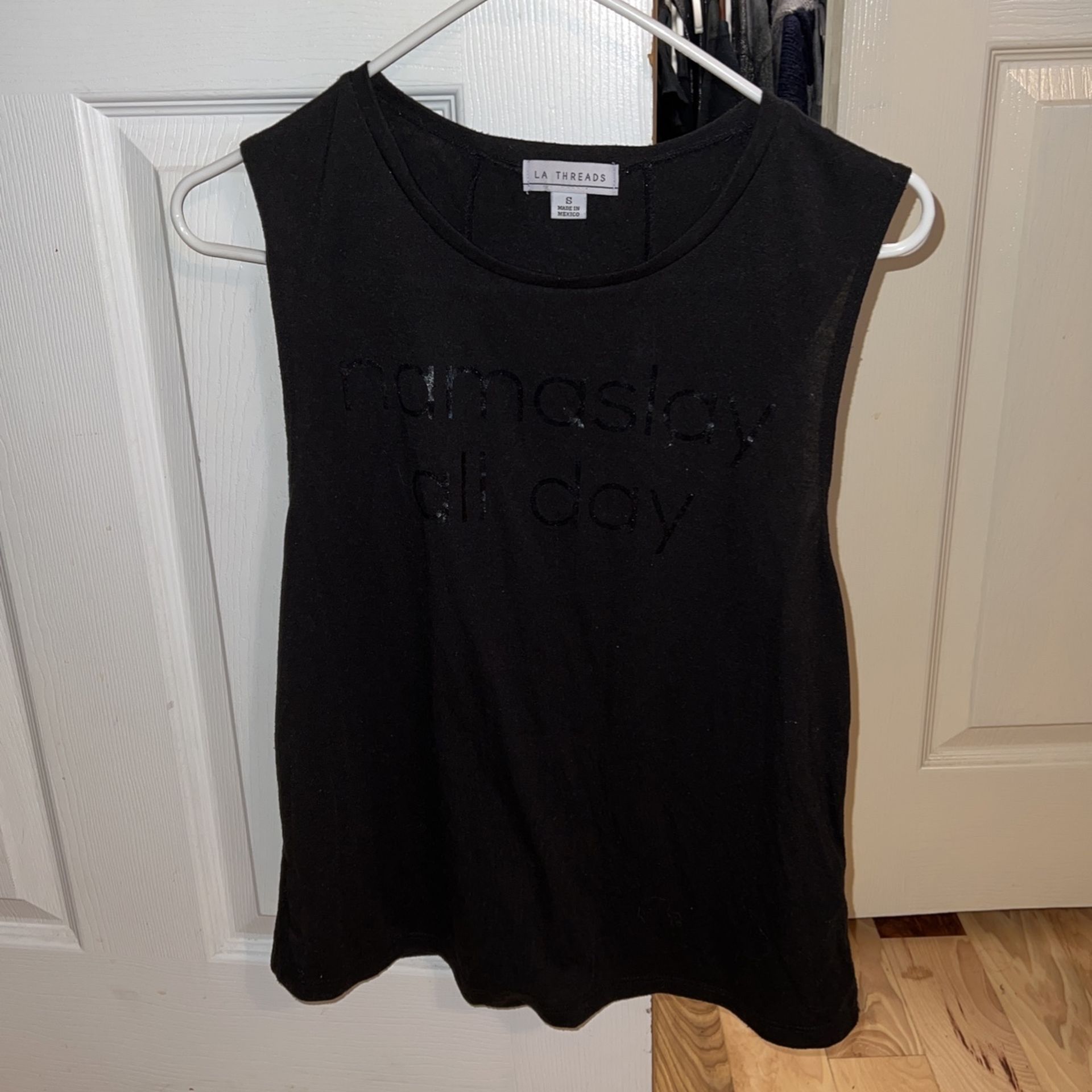 Yoga tank top “Namaste all day” size small Cool cut outs On Back