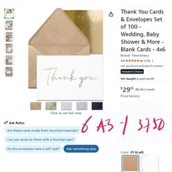 Thank You Cards & Envelopes Set of 100 - Wedding, Baby Shower & More - Blank Cards - 4x6
