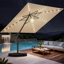HOMSHADE 10 ft Square Cantilever Patio Umbrella with Base Included, Solar Lights Large Umbrella Outdoor Patio with 360°Rotation&Tilting, LED Lighted O