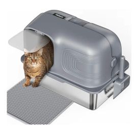 NEW Flip Top Enclosed Stainless Steel Cat Litter Box XL with Side Entry Includes Mat and Scoop New, Open Box 23.62" x 15.75" x 16.92"
