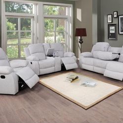 New Reclining Set On White Grey Fabric