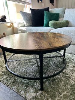Round Industrial Coffee Table with Mesh Shelf