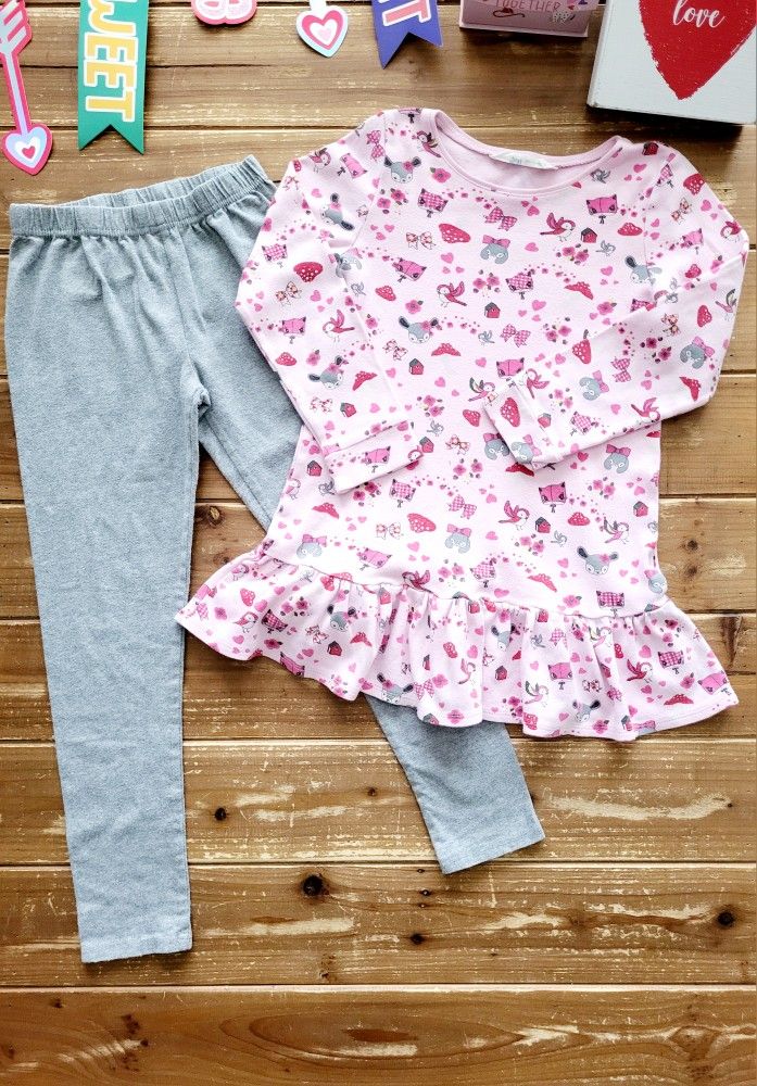 SIZE 6-8 GIRLS 2-PIECE OUTFIT WHIMSICAL KNIT LONG TUNIC W/GRAY LEGGINGS
