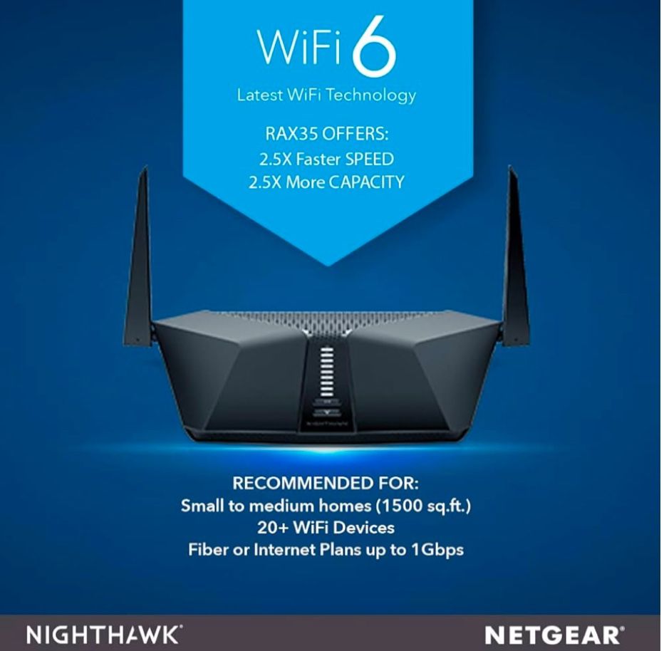 NETGEAR - Nighthawk AX3000 WiFi 6 Router, 3Gbps (RAX35)