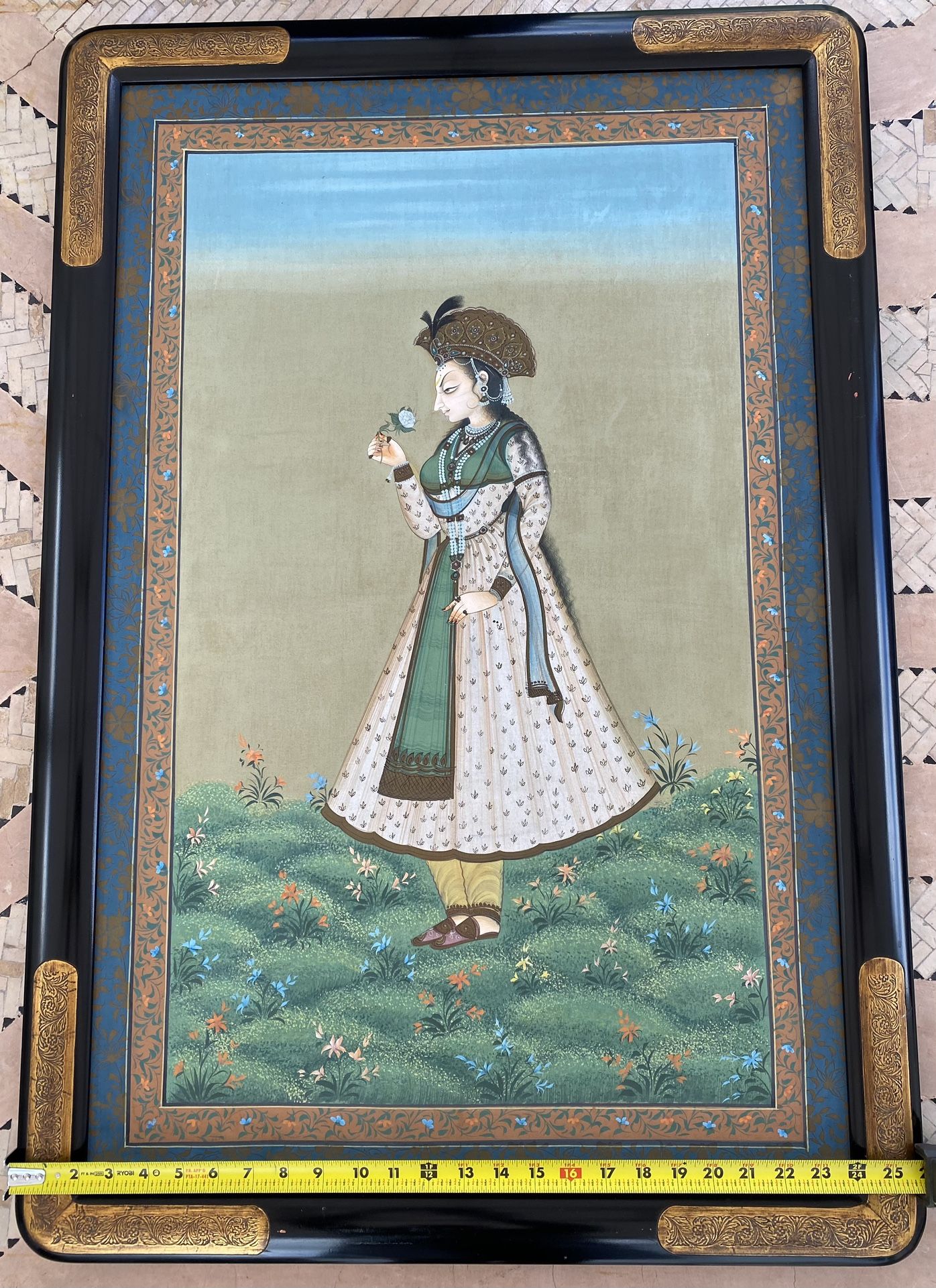 FINE PAINTING VINTAGE 1970s ART OF INDIAN WOMAN IN SILK HANDMADE - HEIGHT 38” - WIDTH 26” $800.00
