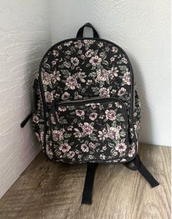 Black & pink Floral Print diaper bag with leather accents