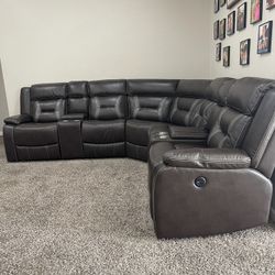 Brown Leather Sectional Sofa With Power Reclining Seats