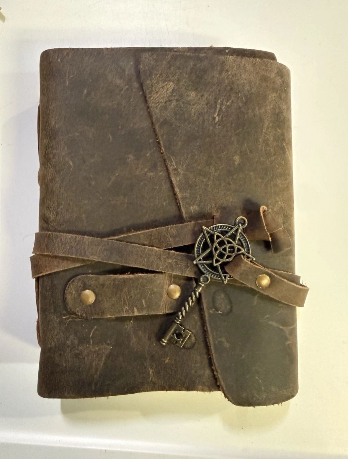 Handmade Leather Journal with Brass Key Closure -Vintage Cotton Paper