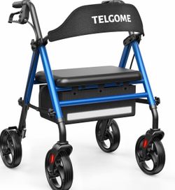 Walkers for Seniors with Seat, Thickened Flat Tube Frame, Foldable Rollator 350 lbs Load, Height Adjustable,8'' Big Wheels, Rolling Walker,Blue