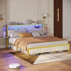 Queen Size Platform Bed Frame with Upholstered Headboard, Charging Station, & LED Lights