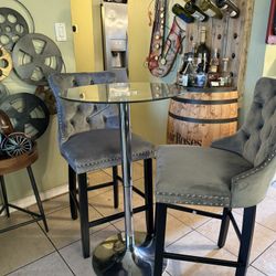 Bar Table with 2 Chairs Gray Velvet Fabric Upholstered Espresso Wood