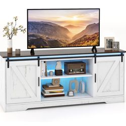 Tangkula LED TV Stand for 65” TVs, Sliding Barn Door Entertainment Center with Lights, Adjustable Brightness, Human Induction, Charging Ports & Adjust