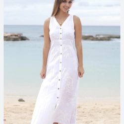 White Long Maxi Hawaiian bottom Front Dress Bamboo Print Size L