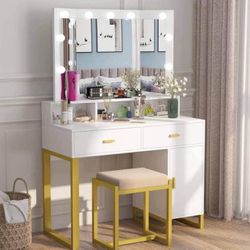Vanity Table with Lighted Tri-Fold Mirror, Makeup Table with Upholstered Stool Set, 2 Drawer and Storage Cabinet