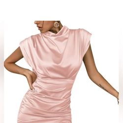 LYANER Women's Satin Silk Shoulder Pad Ruched Bodycon Sleeveless Mini Tank Dress Light Pink XL