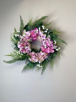 New- Pink Hydrangeas, Ferns Wreath 12” x 25”