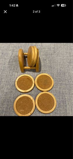 Wood & Cork Coaster Set with Holder – 6 Coasters – New