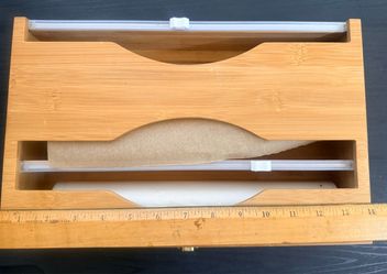 WrapNeat Wrap Organizer with Cutter & Labels, Bamboo Dispenser for Plastic Wrap, Aluminum Foil & Wax Paper, Kitchen Storage Holder for 12" Rolls