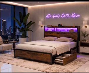 King Size Bed Frame with 2 Drawers Headboard and Headboard with LED Lights, (King) K-5