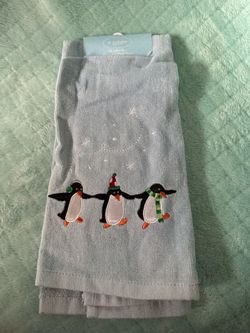 St. Nicholas Square Light Blue Penguin Hand Towel New with Tags