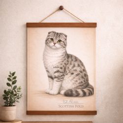 Scottish Fold Cat Wall Art 12x16 Canvas Print – Signed Animal Artwork – Neutral Vintage Cat Decor – Magnetic Hanger – Ready to Hang