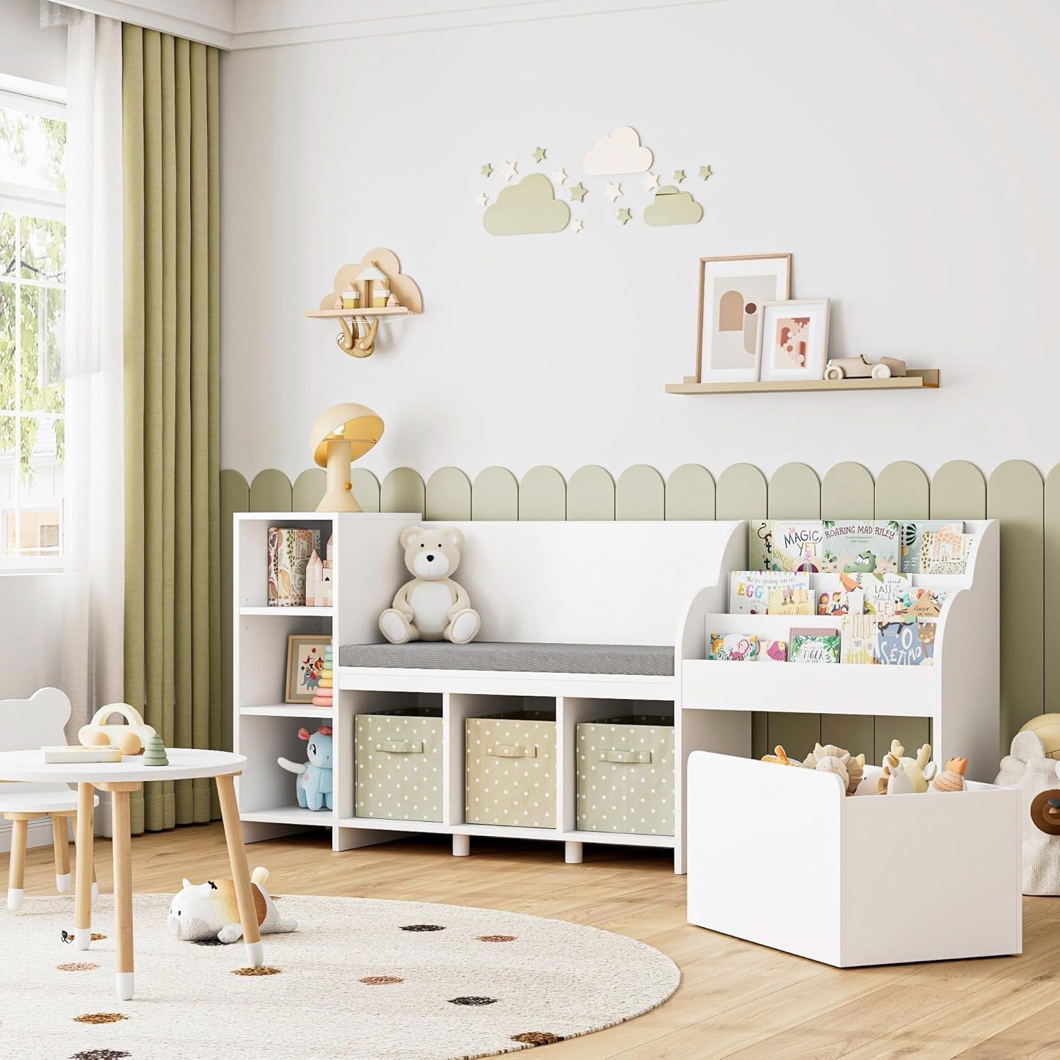 67" Kids Reading Nook with Bench, Kids Bookshelf and Bookcase with Seat Cushion and 6 Storage Cubbies, Toy Storage Box on Wheels, Toy Chest for Playro
