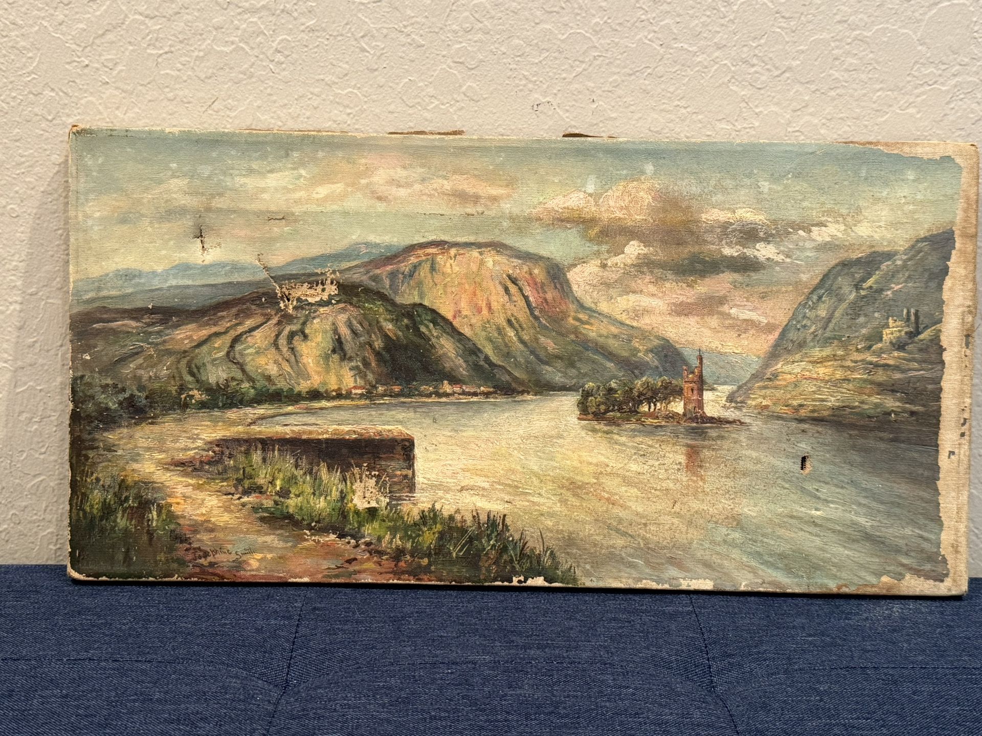 Antique c1900 River Island Landscape Oil Painting by Josephine Smith