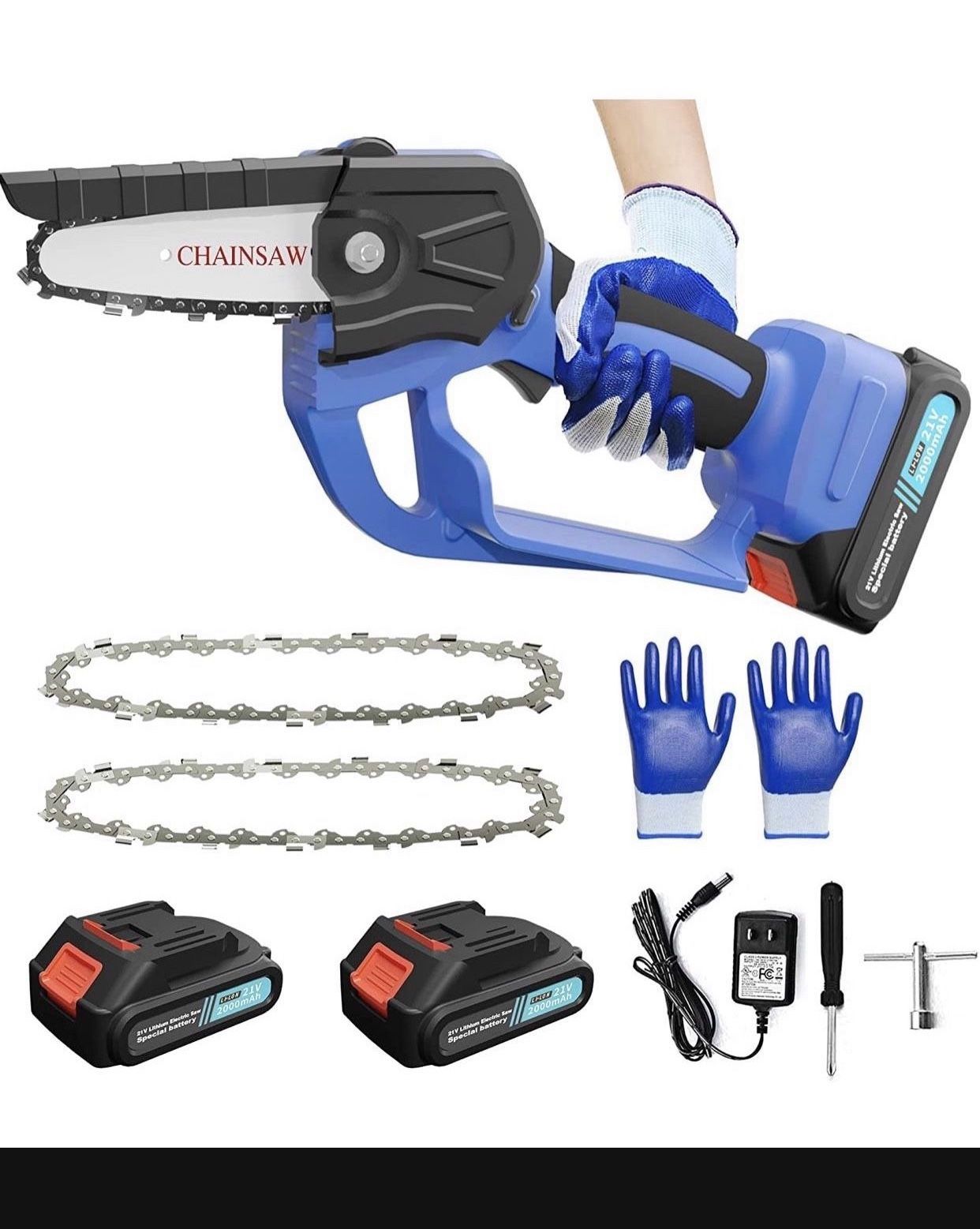 Mini Chainsaw, 4-Inch Battery Powered Electric Chainsaw Cordless with 2 Batteries 2 Chains, 21V 2000mAh Rechargeable Handheld Mini Chain Saw with Secu