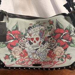 Ed Hardy Hobo Denim Shoulder Bag Rhinestone Love Kills Slowly Flowers Tattoo NWT