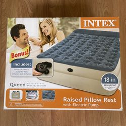 Intex 18" Air Mattress with Electric Pump and Raised Pillow Rest - Queen Size New 