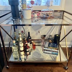 Two Tiered Glass/Mirror Brass Rolling Bar Cart