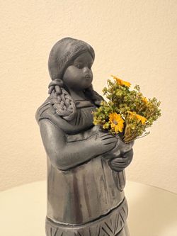 Black Clay Figurine Female with Flowers Mexico