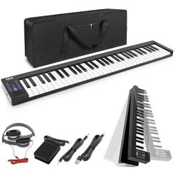 Pyle, Electric Musical Keyboard 61 Keys, Foldable Portable Electronic Standard Piano with Bluetooth, 129 Tones, 128 Audio Rhythms, Includes Sustain 