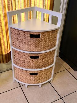 White Corner Storage Unit with Wicker Baskets