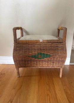 Vintage Rattan Storage Ottoman / Sewing Stool with Cushion