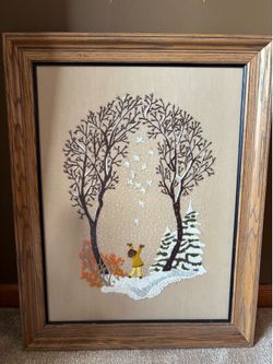 Beautiful Vintage 1979 crewel embroidery art in heavy wood frame