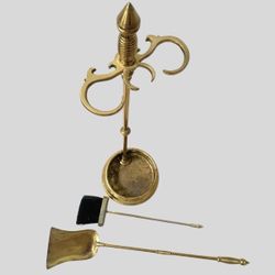 Vintage Brass Fireplace Tool Set, Stand 2 PC Set Shovel Brush Poker Mid Century