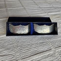VINTAGE KIRK STIEFF PEWTER "YOURS" "MINE" DECANTER/BOTTLE LABELS