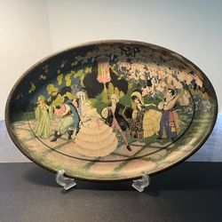 Antique 1920’s Victorian Ballroom Scene Litho Gold Backing Oval Tin Tray