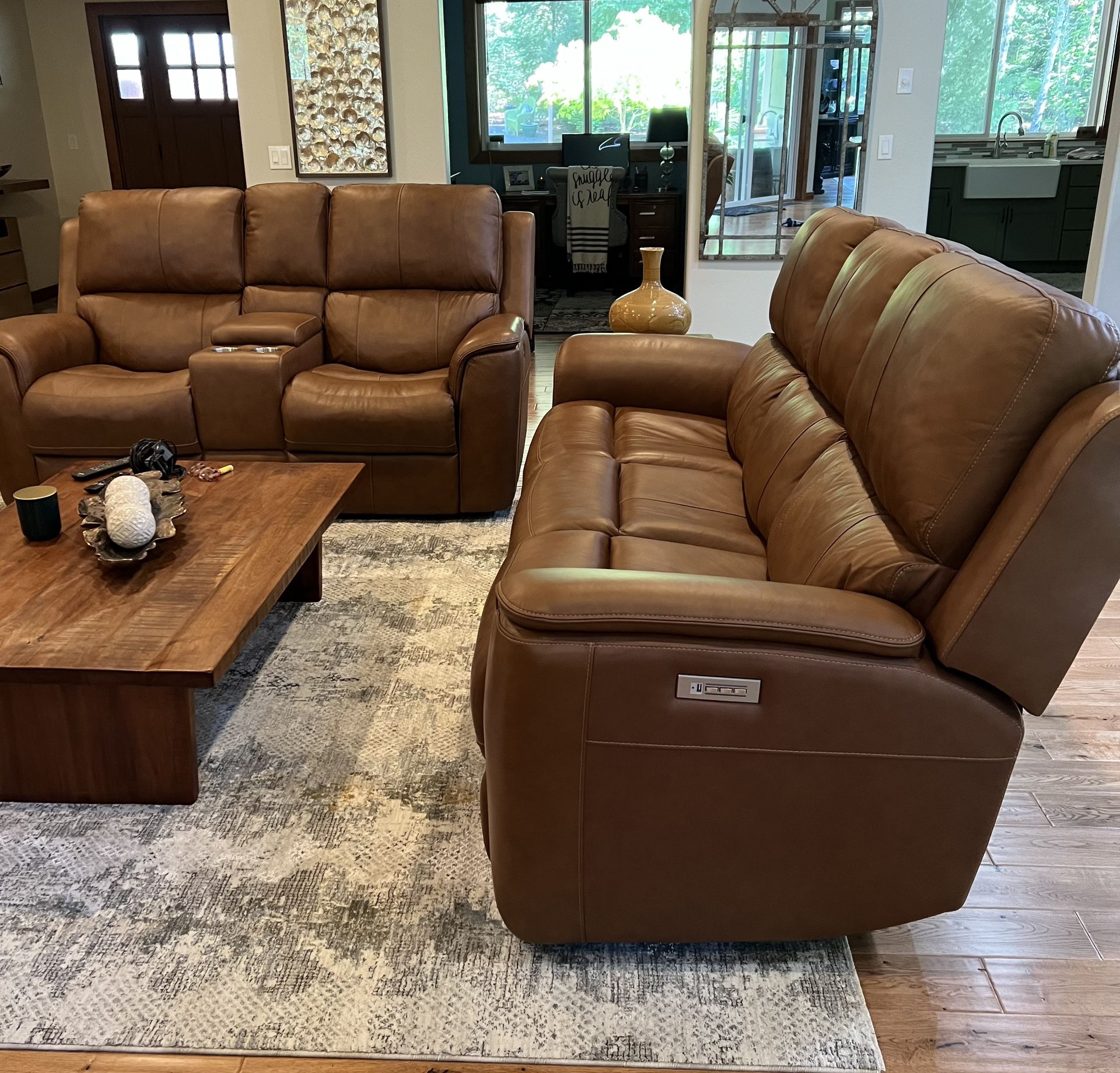 Flex steel Henry Tan Leather Power Reclining Sofa And Loveseat