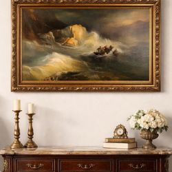 Large Antique Framed Oil Painting – Dramatic Seascape, Signed