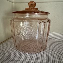 Vintage  Anchor Hocking Mayfair Open Rose Pink Depression Glass Cookie Jar W Lid