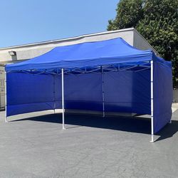 (Brand New) $225 Heavy Duty 10x20 FT Canopy (with 4 Sidewalls) Ez Pop Up Outdoor Party Tent w/ Carry Bag (White/Blue) 