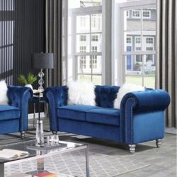 🔥SALE🔥 2Pcs Blue Tufted Velvet Sofa Set 