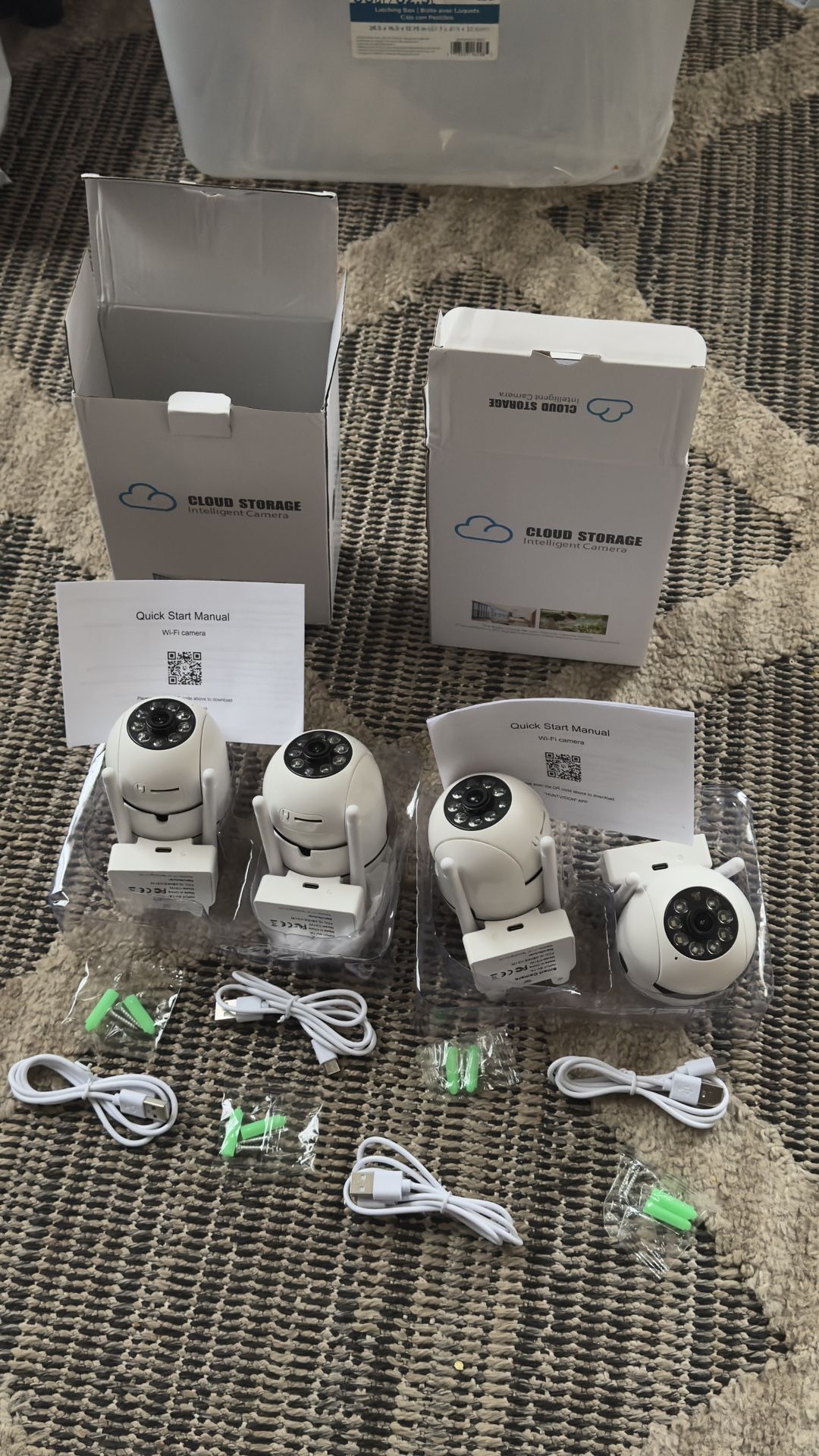 SET OF 4 WIRELESS WIFI SECURITY COLOR CAMERAS CAN TILT SWIVEL ROTATE ZOOM AND RECORD 24/7. RECEIVE NOTIFICATIONS ANYWHERE IN THE WORLD THROUGH WIFI
